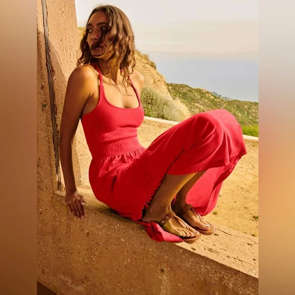 Nation LTD Penelope Smocked Cross back Midi Dress Cherrybomb Red Size Small NEW - Picture 3 of 7